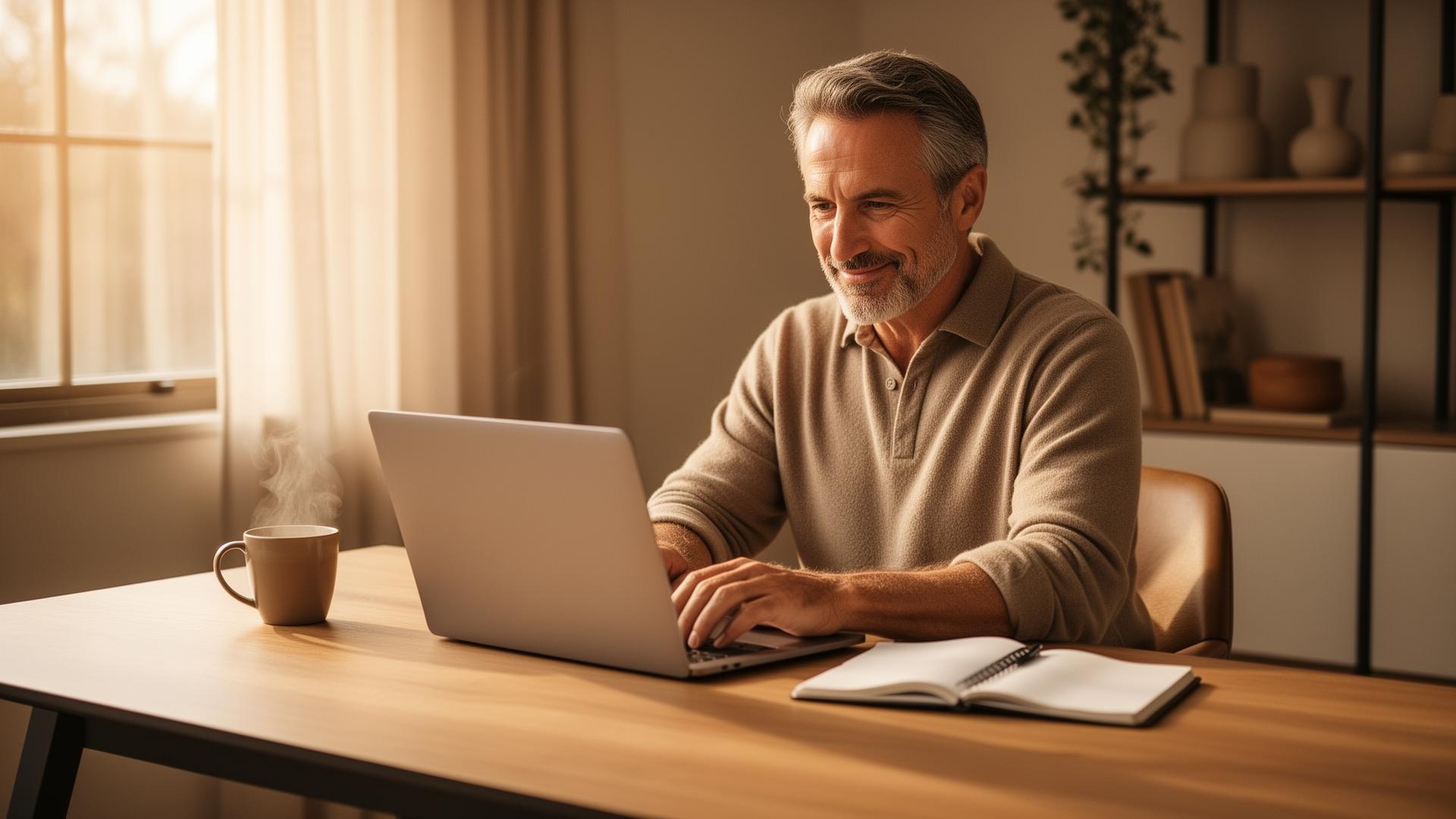 A man or woman in their 50s working at their home desk with a laptop and coffee
